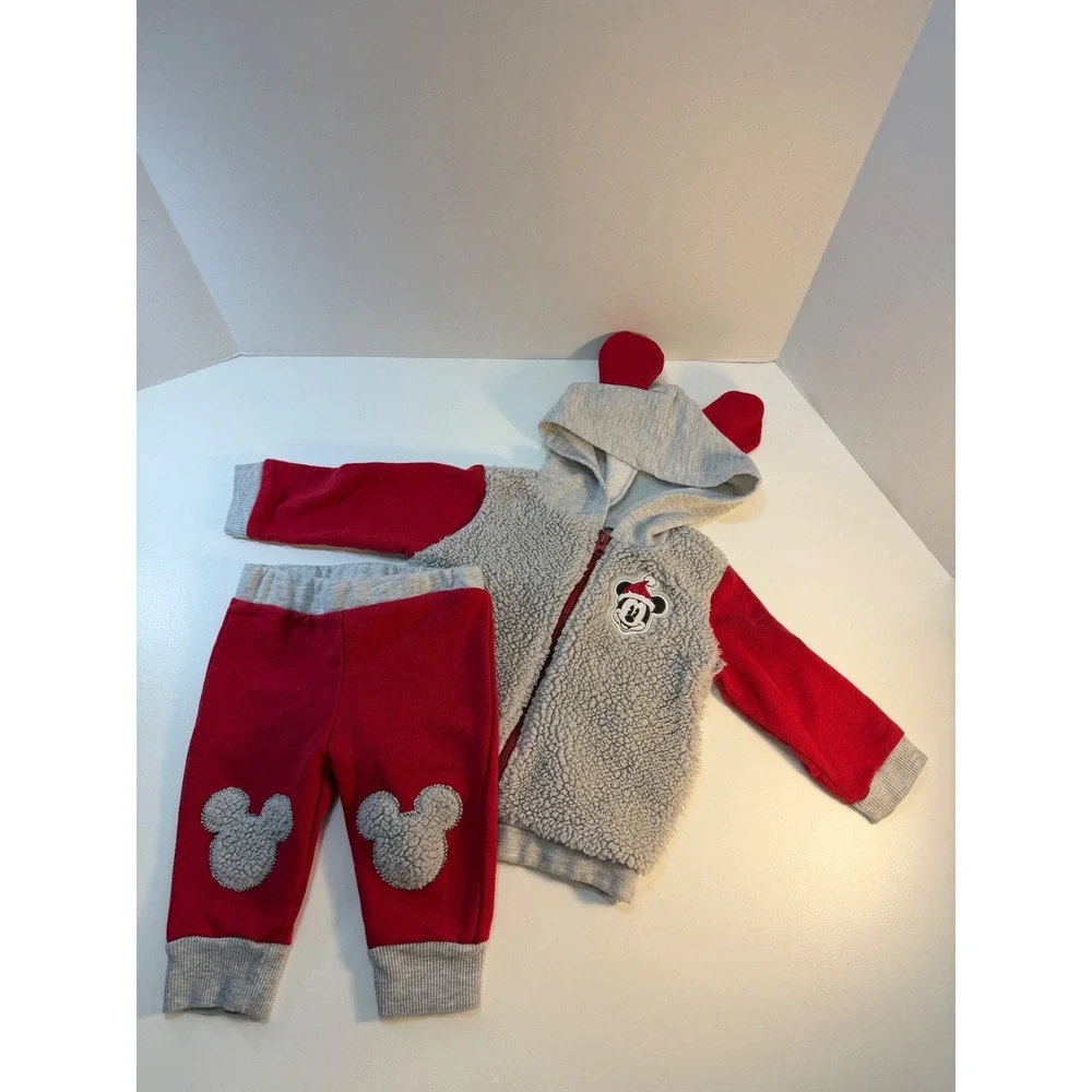 Disney Baby Hoodie Pants Set 6-9M Red Gray Mickey Mouse Christmas Sherpa READ